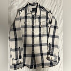 Womens Carhartt Shirt Jacket Black/White Plaid Flannel Bottom Up Size Med